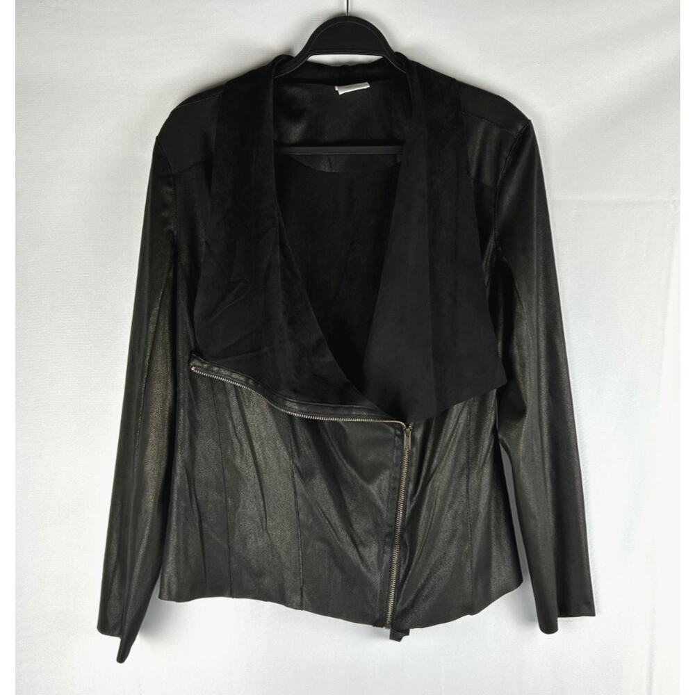 Anthro Mote Faux Leather Jacket Size Large Black Gold Asymmetric Zip Lightweight